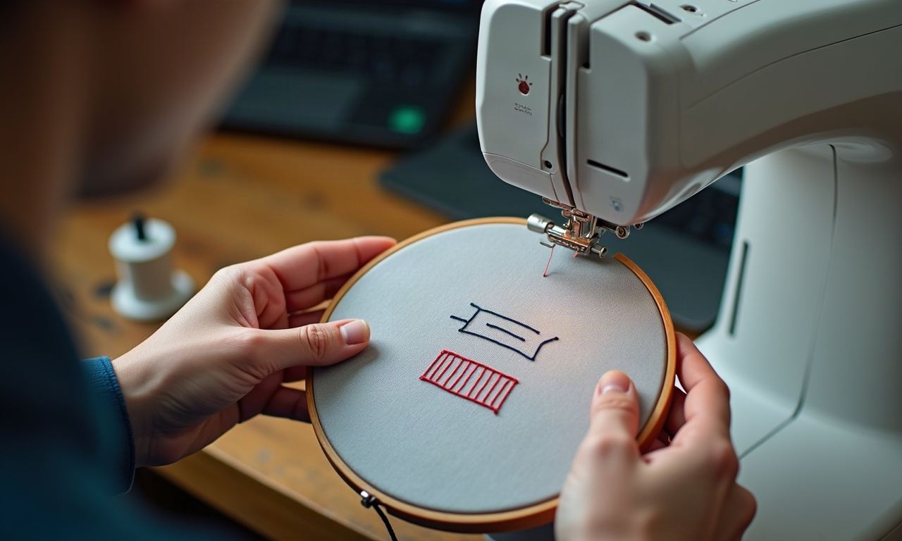 Hands holding embroidery hoop with logo being stitched on grey baseball cap