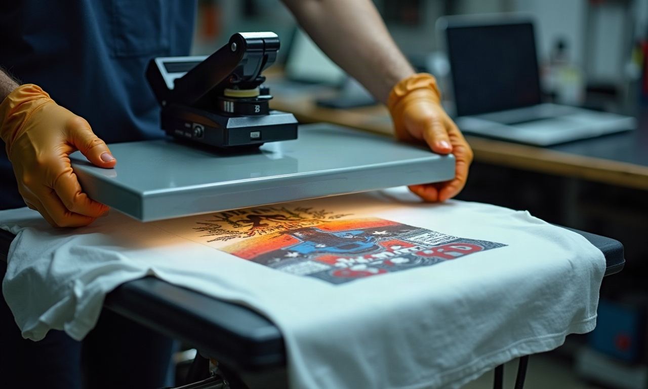 Heat press lowering onto white t-shirt with colorful transfer sheet, hands in gloves